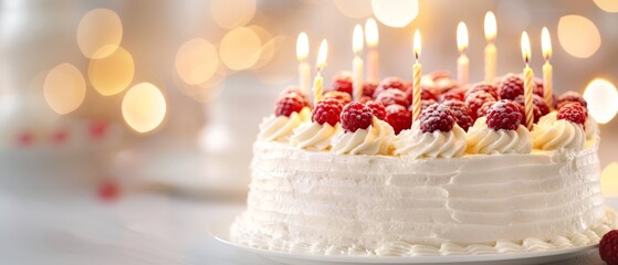  A cake topped with white frosting, raspberries, and lit candles