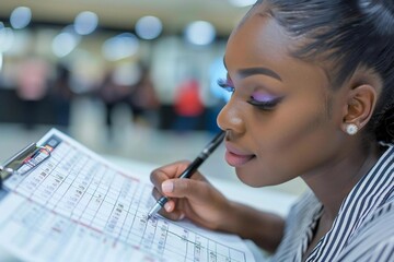 Beautiful African person filling out a blank weekly time sheet with a pen.