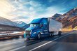 © Carmen - Blue semi-truck with white cargo trailer on highway, mountain landscape in background, blur speed motion, copy space
