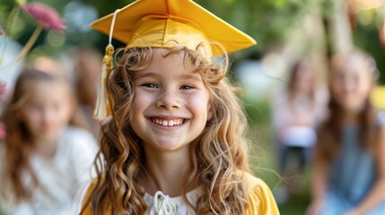 A young girl with curly hair smiles happily while wearing a yellow graduation cap, signifying an academic milestone, in a cheerful outdoor setting.