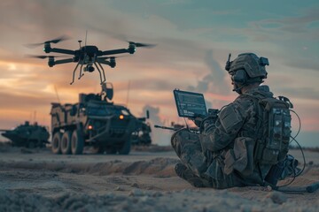 Canvas Print - A soldier taking a break from duty and checking email or browsing online, great for military-themed projects or office settings