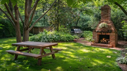 A Backyard Patio With a Brick Fireplace, Picnic Table, and Grill