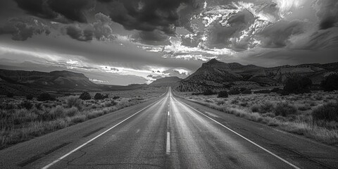 Canvas Print - A black and white photo of a deserted road