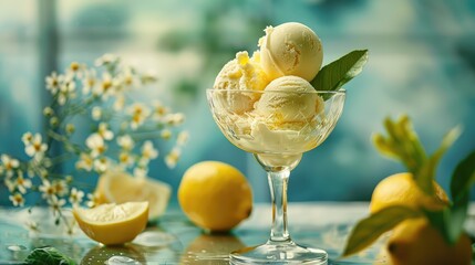 Limoncello liqueur and ice cream in a glass. Selective focus.