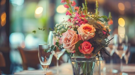 Canvas Print - Vintage effect floral arrangement on restaurant table with shallow focus Interior decoration theme