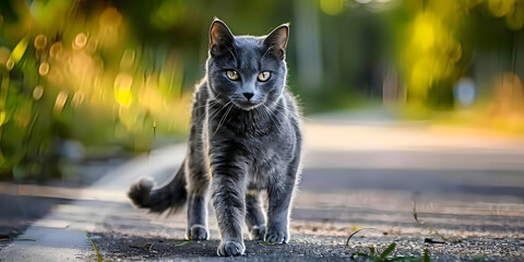 Gray cat found on the road returns home seeking owner or shelter. Concept Lost Cat, Looking for Owner, Found Cat, Shelter, Gray Cat