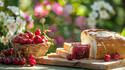 Wall Mural - Jam and bread on the table. Selective focus.