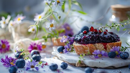 Wall Mural - Jam and bread on the table. Selective focus.