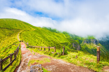 Wall Mural - Path along volcano crater green valley caldera, Faial island, Azores, Portugal