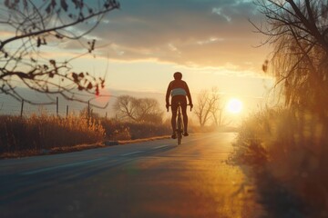 Wall Mural - A person cycling down a road during the golden hour