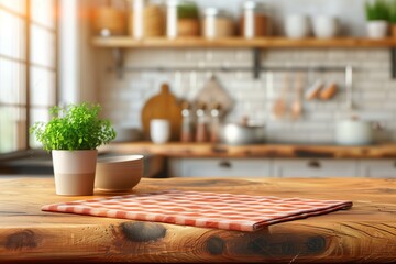 Wood table top on blurred kitchen background