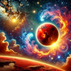 Wall Mural - 3d animation of space with red planet and bright nebulae in starry sky