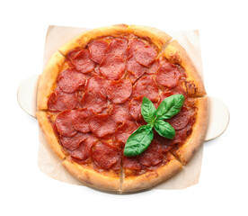 Wall Mural - Tasty pepperoni pizza isolated on white, top view