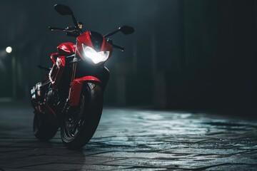 Poster - A red motorcycle parked on a cobblestone street, perfect for urban or vintage-themed projects