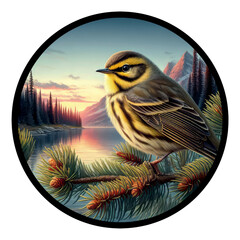 A circular 3D rendered watercolor painting of a Palm Warbler, isolated on a transparent background