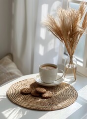 Wall Mural - A Cup of Coffee and Cookies on a Wicker Placemat by the Window