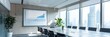© Elmira - An empty conference room with a large whiteboard displaying financial charts and graphs, with a view of a modern cityscape through the windows
