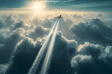 Wall Mural - Condensation trails and commercial planes soaring in the heavens.