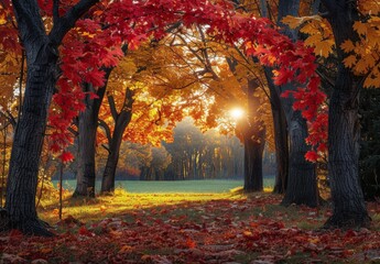 Wall Mural - Sunlit Autumn Forest With Vibrant Red Leaves