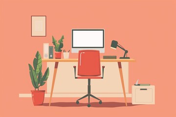 Workplace with computer, chair, table lamp and plant in pot. Flat vector illustration