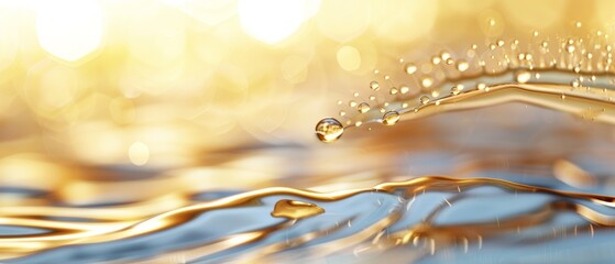 Wall Mural -  A tight shot of a water droplet atop a water body, illuminated by sunlight behind