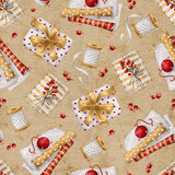 Fototapeta  - Christmas and Happy New Year seamless pattern with Christmas gift boxes, package paper, tapes and red berries. Design for winter sale background, wrapping paper, cards, textile.