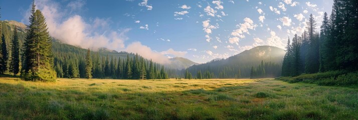 Wall Mural - A wide-angle view of a tranquil mountain meadow bathed in the warm light of sunrise. Tall pine trees line the perimeter of the meadow, framing the picturesque scene