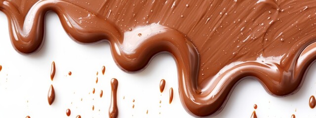 Wall Mural -  Melted chocolate on a white background with chocolate drops at the bottom