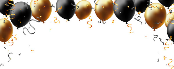 Wall Mural - gold and black color party elements decoration greeting card background. balloon, ribbon and confetti