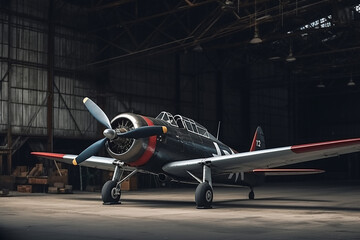 One military jet standing in a large hangar for maintenance or repair work; a side view of a vintage airplane without people 