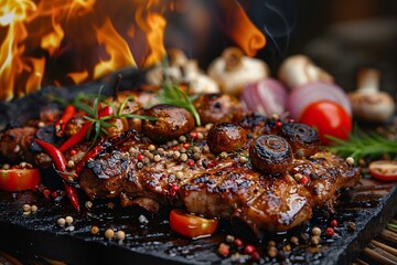 Juicy roasted meat and mushrooms , flame at the dark background, appetizing look.