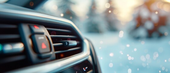 Poster -  A crisp close-up of a car dashboard against a softly blurred backdrop of falling snow, with trees faintly visible beyond