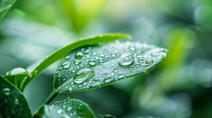 Wall Mural - Dew drops glistening on a vibrant green leaf, symbolizing freshness, purity, life, renewal, and the beauty of nature.