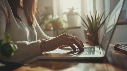 Wall Mural - A businesswoman's hands are shown typing on a laptop keyboard. She is sitting at a desk in an office setting