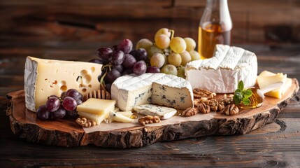 Wall Mural - A rustic wooden board overflowing with an assortment of gourmet cheeses, grapes, nuts, and a drizzle of honey. The cheeses include brie, blue cheese, and a semi-hard cheese with holes