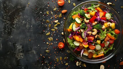 Wall Mural - A close-up view of a vibrant salad bowl overflowing with fresh vegetables, nuts, and seeds