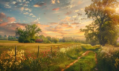 Wall Mural - Impressionist-style landscape with soft brushstrokes and vivid colors, capturing the serene beauty of a countryside scene