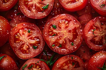 Wall Mural - Lush red tomatoes with green stems fill the frame on a contrasting red background, showcasing freshness and uniformity. 