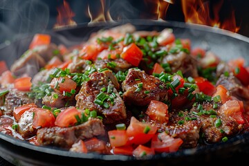 Wall Mural - Close-up baked meat , chopped tomato,smoke, blured fire flames on background, spices, herbal, souse, chopped onion and chives, delicious dish.