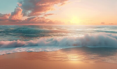 Wall Mural - Serene beach at sunset, with waves gently lapping at the shore and a sky painted in hues of orange and pink