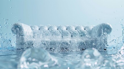 White sofa submerged in splashing water on light blue background.