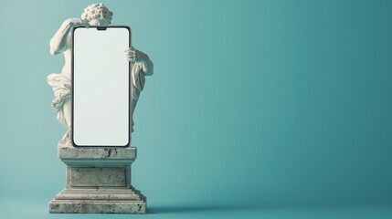 Antique male statue with big smartphone, showing cellphone mockup screen, advertising mobile application on blue studio background, copy space