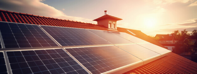 a solar panel on the roof of an urban house with red tiles. green energy concept.