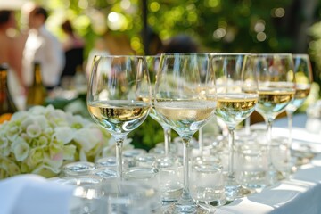 Chilled wine glasses at a garden party, emphasizing elegance and enjoyment in an outdoor setting