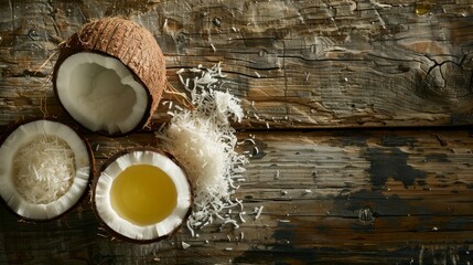 Wall Mural - A split coconut with coconut shavings sits on a rustic wooden table