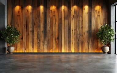 Sticker - Modern Interior Design with Wooden Wall and Floor.