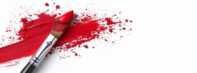 Wall Mural -  A paintbrush in focus, red splatters adorning its side against a pristine white backdrop