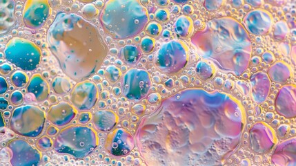 Wall Mural - A top-down closeup of a colorful soap bubble pattern, showcasing a vibrant spectrum of colors against a soft, pearlescent background