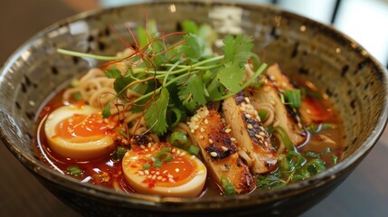 Wall Mural - Chicken pendant with noodles Chicken broth hard boiled egg buckwheat noodles and fresh herbs