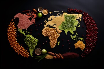 Wall Mural - Diverse range of global cuisines. Top view of world map made of food ingredients and vegetables.